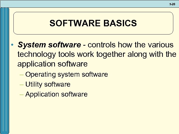 5 -26 SOFTWARE BASICS • System software - controls how the various technology tools