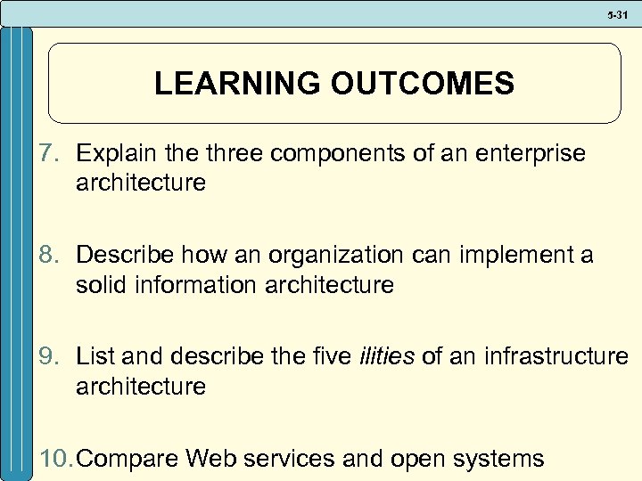 5 -31 LEARNING OUTCOMES 7. Explain the three components of an enterprise architecture 8.