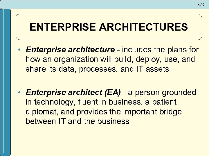5 -32 ENTERPRISE ARCHITECTURES • Enterprise architecture - includes the plans for how an