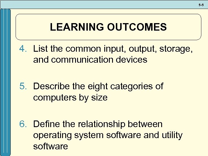 5 -5 LEARNING OUTCOMES 4. List the common input, output, storage, and communication devices