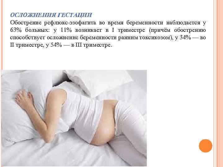 ОСЛОЖНЕНИЯ ГЕСТАЦИИ Обострение рефлюкс-эзофагита во время беременности наблюдается у 63% больных: у 11% возникает