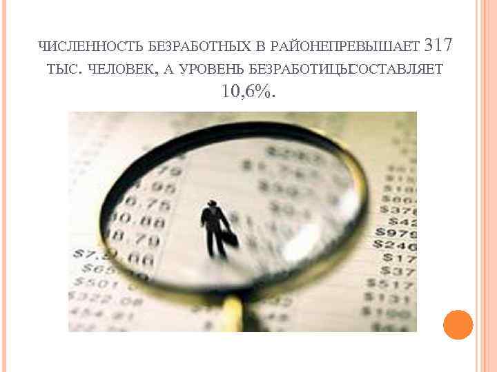 ЧИСЛЕННОСТЬ БЕЗРАБОТНЫХ В РАЙОНЕПРЕВЫШАЕТ 317 ТЫС. ЧЕЛОВЕК, А УРОВЕНЬ БЕЗРАБОТИЦЫ СОСТАВЛЯЕТ 10, 6%. 