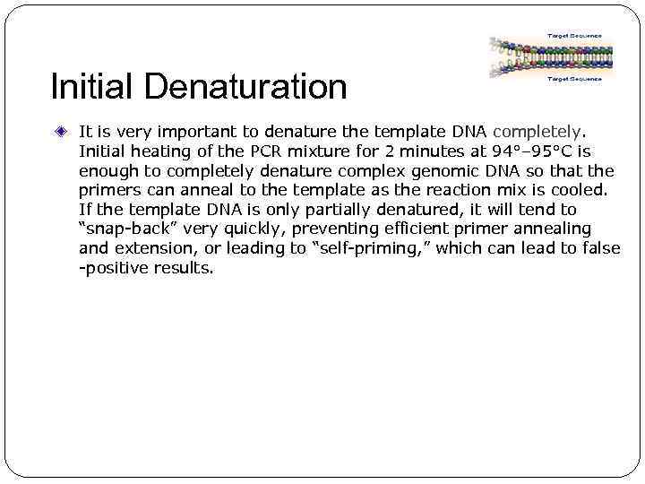 Initial Denaturation It is very important to denature the template DNA completely. Initial heating