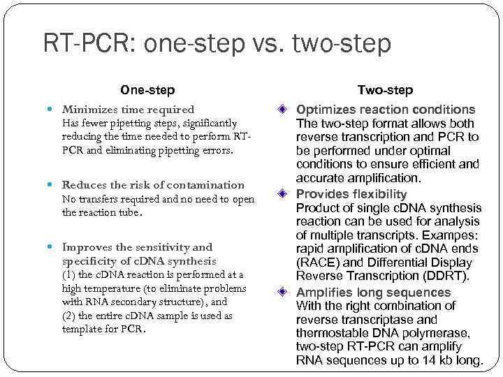 RT-PCR: one-step vs. two-step One-step Minimizes time required Has fewer pipetting steps, significantly reducing