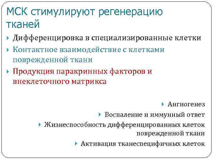 МСК стимулируют регенерацию тканей Дифференцировка в специализированные клетки Контактное взаимодействие с клетками поврежденной ткани