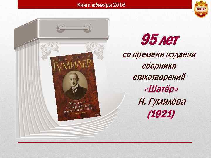 Книги юбиляры 2016 95 лет со времени издания сборника стихотворений «Шатёр» Н. Гумилёва (1921)