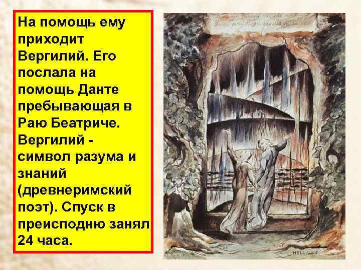 На помощь ему приходит Вергилий. Его послала на помощь Данте пребывающая в Раю Беатриче.