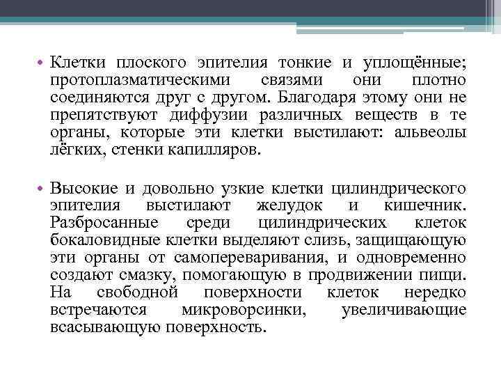  • Клетки плоского эпителия тонкие и уплощённые; протоплазматическими связями они плотно соединяются друг