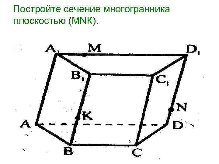 Постройте сечение многогранника плоскостью (МNК). 