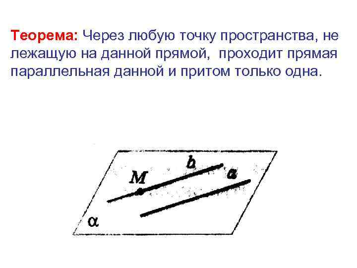 Теорема: Через любую точку пространства, не лежащую на данной прямой, проходит прямая параллельная данной