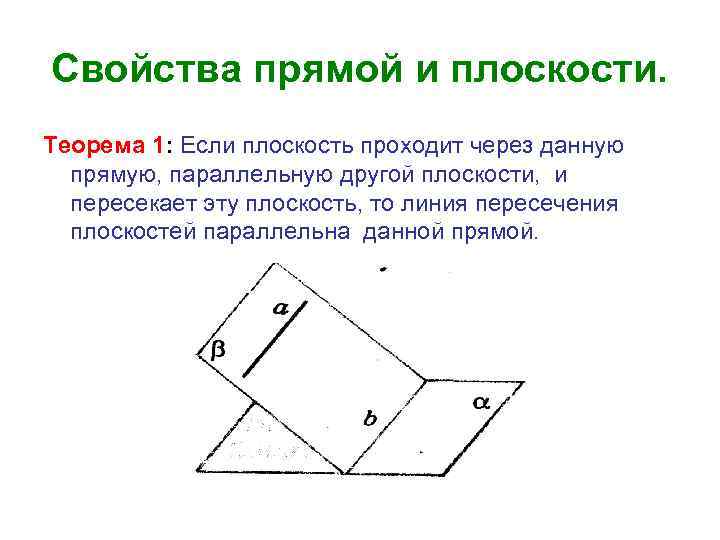 Свойства прямой и плоскости. Теорема 1: Если плоскость проходит через данную прямую, параллельную другой