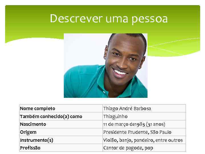 Descrever uma pessoa Nome completo Thiago André Barbosa Também conhecido(a) como Thiaguinho Nascimento 11