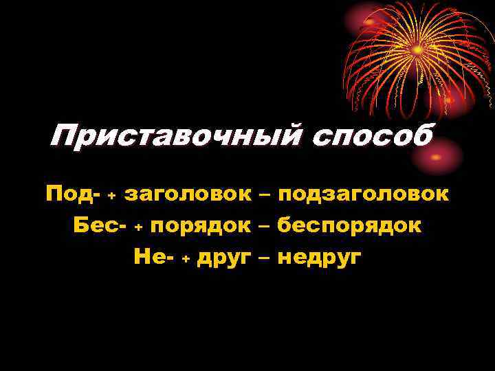 Приставочный способ Под- + заголовок – подзаголовок Бес- + порядок – беспорядок Не- +