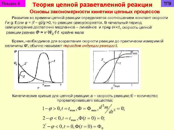 Лекция 4 Теория цепной разветвленной реакции ТГВ Основы закономерности кинетики цепных процессов Развитие во