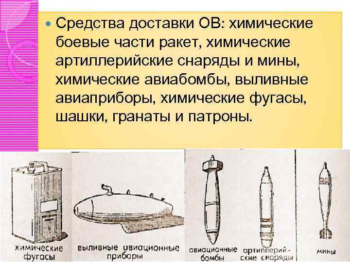  Средства доставки ОВ: химические боевые части ракет, химические артиллерийские снаряды и мины, химические