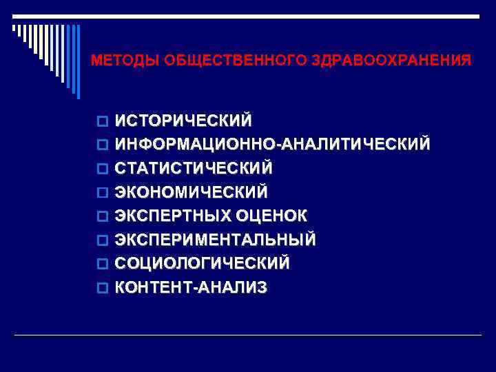 МЕТОДЫ ОБЩЕСТВЕННОГО ЗДРАВООХРАНЕНИЯ o ИСТОРИЧЕСКИЙ o ИНФОРМАЦИОННО-АНАЛИТИЧЕСКИЙ o СТАТИСТИЧЕСКИЙ o ЭКОНОМИЧЕСКИЙ o ЭКСПЕРТНЫХ ОЦЕНОК