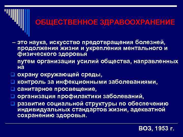 ОБЩЕСТВЕННОЕ ЗДРАВООХРАНЕНИЕ – это наука, искусство предотвращения болезней, продолжения жизни и укрепления ментального и