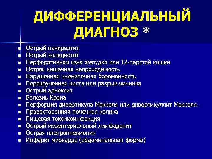 ДИФФЕРЕНЦИАЛЬНЫЙ ДИАГНОЗ * n n n n Острый панкреатит Острый холецистит Перфоративная язва желудка