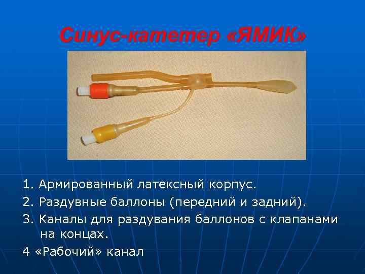 Синус-катетер «ЯМИК» 1. 2. 3. Армированный латексный корпус. Раздувные баллоны (передний и задний). Каналы