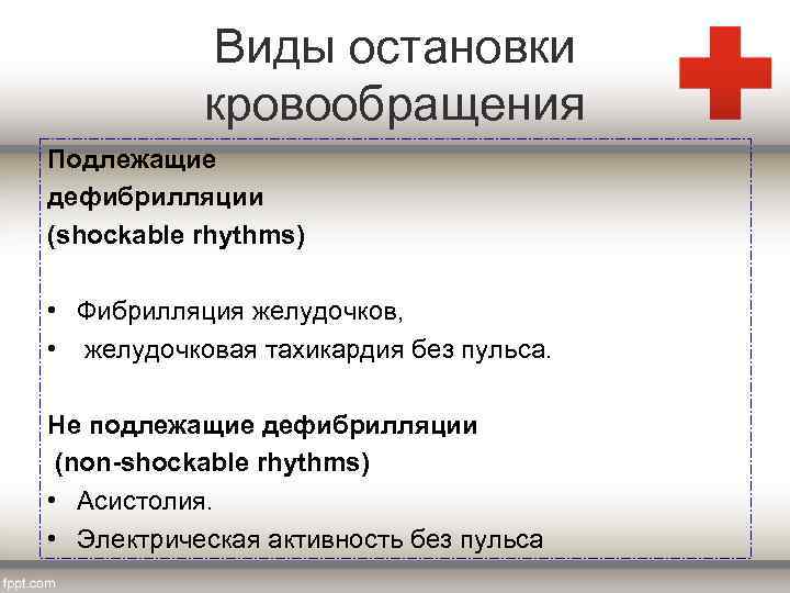 Виды остановки кровообращения Подлежащие дефибрилляции (shockable rhythms) • Фибрилляция желудочков, • желудочковая тахикардия без