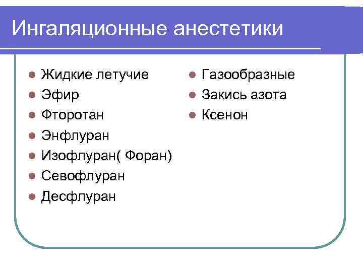 Ингаляционные анестетики l l l l Жидкие летучие Эфир Фторотан Энфлуран Изофлуран( Форан) Севофлуран