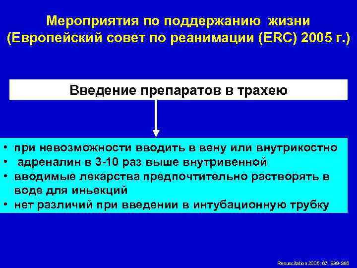 Мероприятия по поддержанию жизни (Европейский совет по реанимации (ERC) 2005 г. ) Введение препаратов