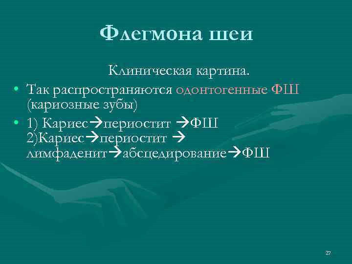 Флегмона шеи Клиническая картина. • Так распространяются одонтогенные ФШ (кариозные зубы) • 1) Кариес