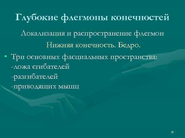 Глубокие флегмоны конечностей Локализация и распространение флегмон Нижняя конечность. Бедро. • Три основных фасциальных