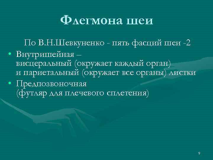 Флегмона шеи • • По В. Н. Шевкуненко - пять фасций шеи -2 Внутришейная