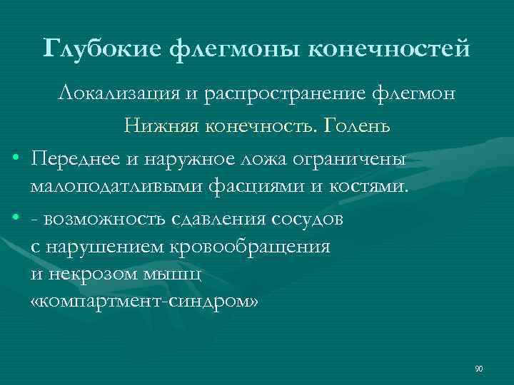 Глубокие флегмоны конечностей • • Локализация и распространение флегмон Нижняя конечность. Голень Переднее и