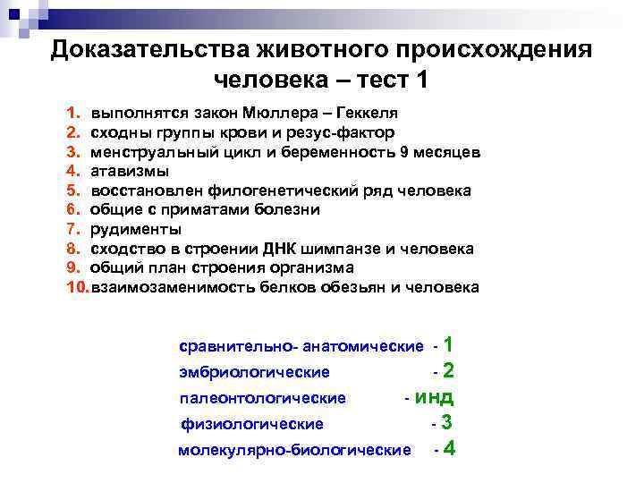 Доказательства животного происхождения человека – тест 1 1. выполнятся закон Мюллера – Геккеля 2.