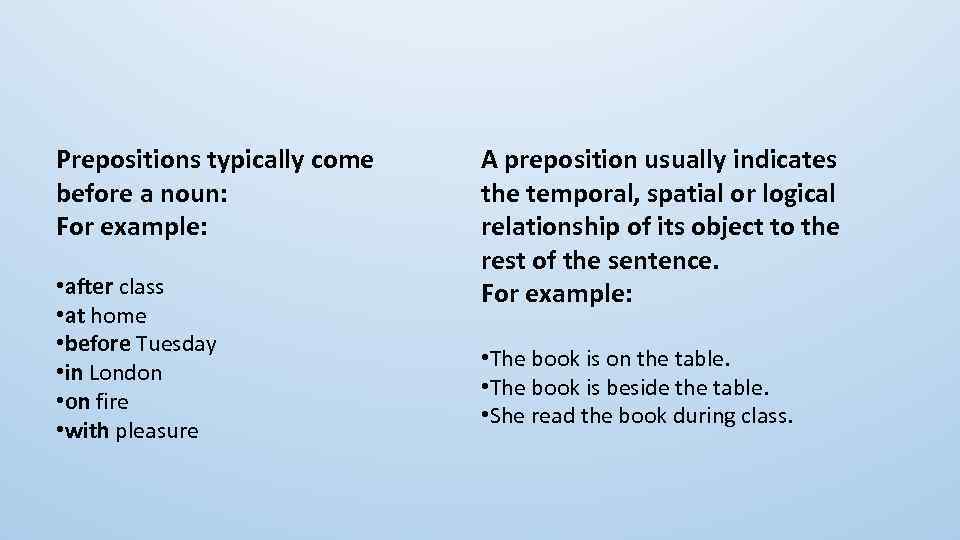 Prepositions typically come before a noun: For example: • after class • at home