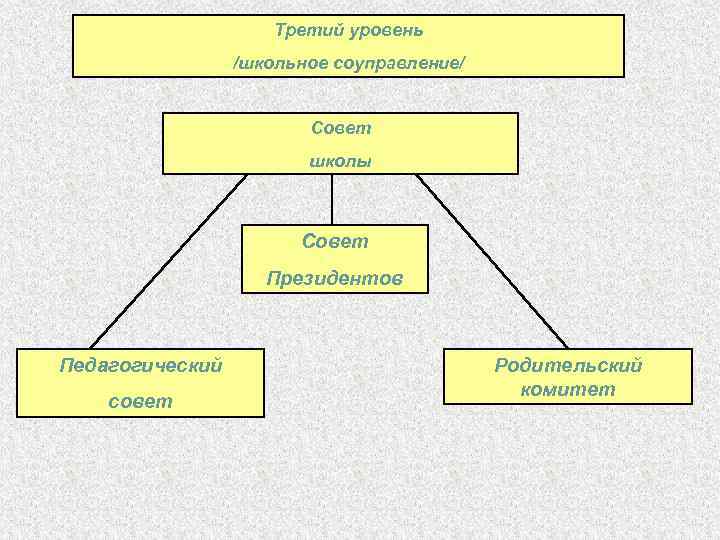 Третий уровень /школьное соуправление/ Совет школы Совет Президентов Педагогический совет Родительский комитет 