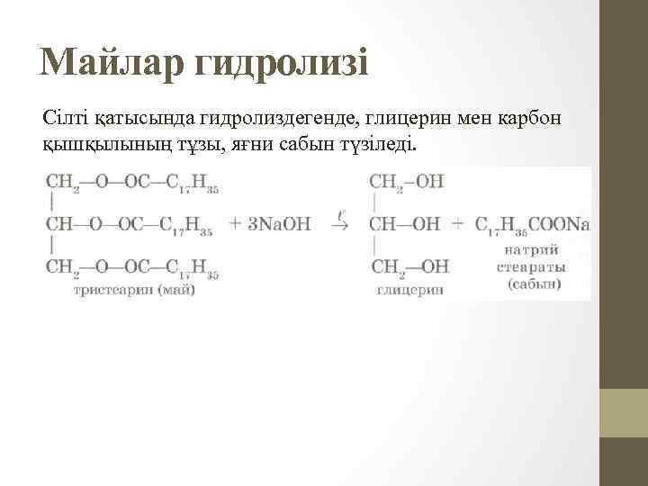 Майлар гидролизі Сілті қатысында гидролиздегенде, глицерин мен карбон қышқылының тұзы, яғни сабын түзіледі. 