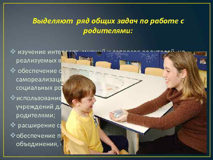 Выделяют ряд общих задач по работе с родителями: v изучение интересов, мнений и запросов