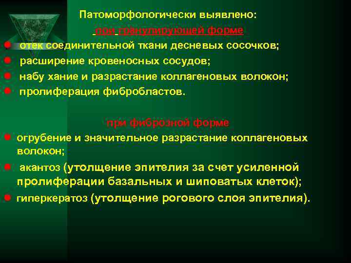 l l Патоморфологически выявлено: при гранулирующей форме отек соединительной ткани десневых сосочков; расширение кровеносных