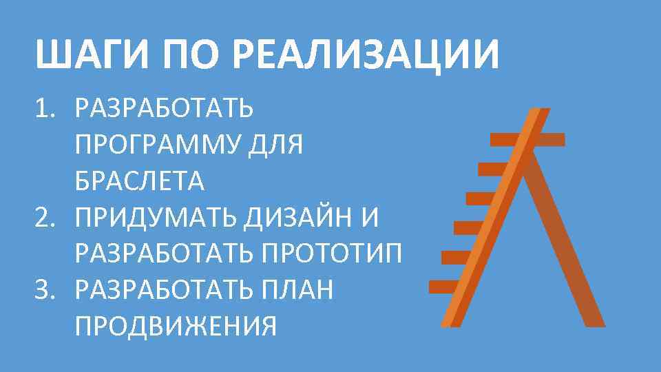 ШАГИ ПО РЕАЛИЗАЦИИ 1. РАЗРАБОТАТЬ ПРОГРАММУ ДЛЯ БРАСЛЕТА 2. ПРИДУМАТЬ ДИЗАЙН И РАЗРАБОТАТЬ ПРОТОТИП