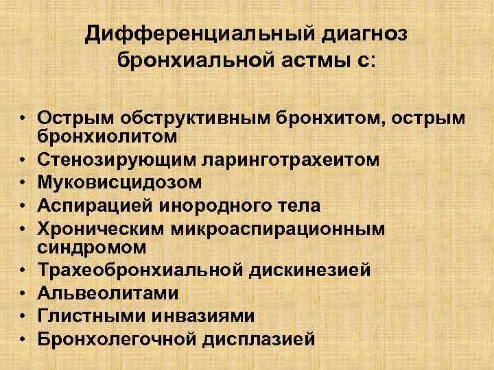 Дифференциальный диагноз бронхиальной астмы с: • Острым обструктивным бронхитом, острым бронхиолитом • Стенозирующим ларинготрахеитом