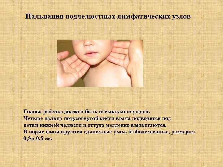 Пальпация подчелюстных лимфатических узлов Голова ребенка должна быть несколько опущена. Четыре пальца полусогнутой кисти