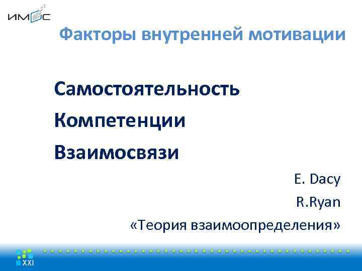 Факторы внутренней мотивации Самостоятельность Компетенции Взаимосвязи E. Dacy R. Ryan «Теория взаимоопределения» 