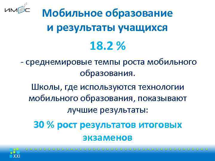 Мобильное образование и результаты учащихся 18. 2 % - среднемировые темпы роста мобильного образования.