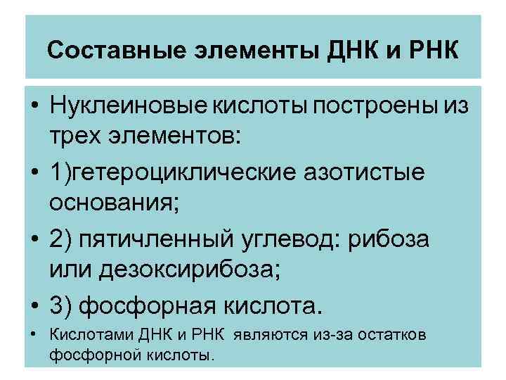 Составные элементы ДНК и РНК • Нуклеиновые кислоты построены из трех элементов: • 1)гетероциклические