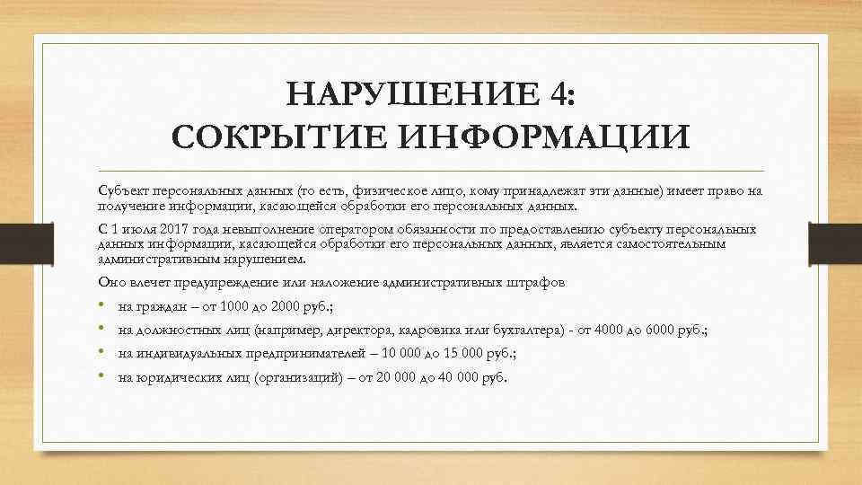 НАРУШЕНИЕ 4: СОКРЫТИЕ ИНФОРМАЦИИ Субъект персональных данных (то есть, физическое лицо, кому принадлежат эти
