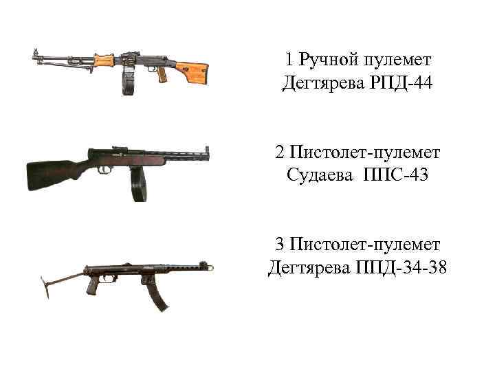 1 Ручной пулемет Дегтярева РПД-44 2 Пистолет-пулемет Судаева ППС-43 3 Пистолет-пулемет Дегтярева ППД-34 -38