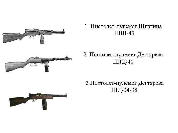 1 Пистолет-пулемет Шпагина ППШ-43 2 Пистолет-пулемет Дегтярева ППД-40 3 Пистолет-пулемет Дегтярева ППД-34 -38 