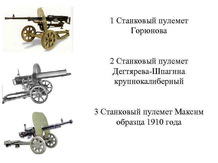 1 Станковый пулемет Горюнова 2 Станковый пулемет Дегтярева-Шпагина крупнокалиберный 3 Станковый пулемет Максим образца