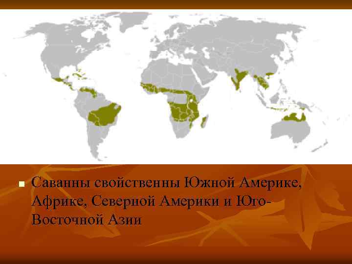 n Саванны свойственны Южной Америке, Африке, Северной Америки и Юго. Восточной Азии 