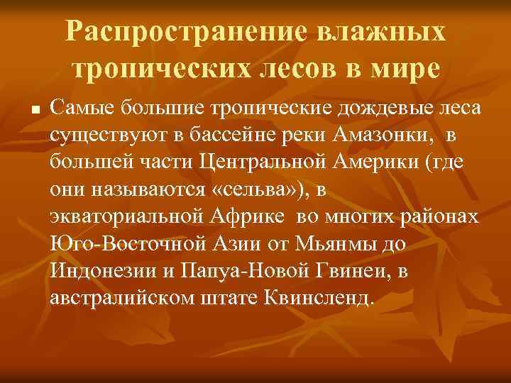 Распространение влажных тропических лесов в мире n Самые большие тропические дождевые леса существуют в
