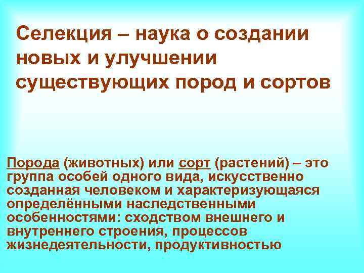 Селекция – наука о создании новых и улучшении существующих пород и сортов Порода (животных)