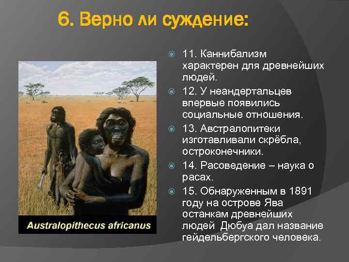 6. Верно ли суждение: 11. Каннибализм характерен для древнейших людей. 12. У неандертальцев впервые